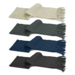 A set of four cable knit scarves in cream, dark green, navy blue, and charcoal, featuring fringe detailing.