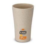 A drink tumbler in a speckled beige colour with a logo. Suitable for use as drinkware.