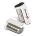 A travel tea infuser in white and silver, featuring a perforated stainless steel design and a plastic handle.