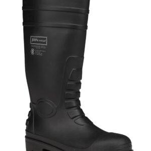 A black rubber boot featuring a textured design and reinforced toe, with a logo on the side.