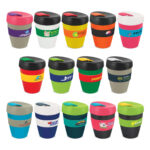 A collection of colourful drink cups featuring various designs and logos, each with a black lid.