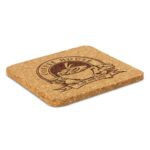 A square cork coaster featuring a coffee house design and a logo, with a natural cork colour.