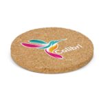 A round cork coaster featuring a colourful hummingbird design and a logo. The base is a natural cork colour.